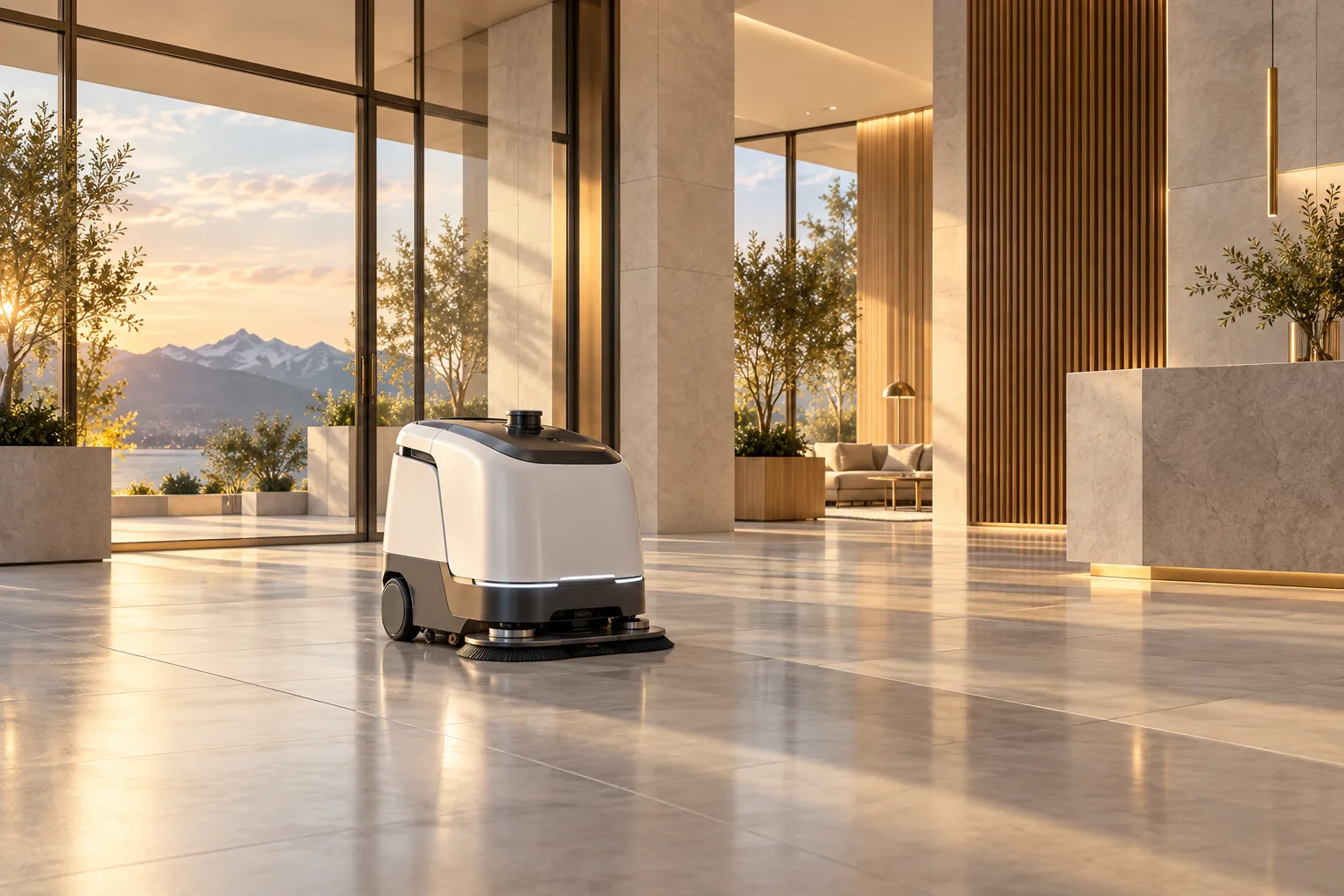 Autonomer Reinigungsroboter in einer modernen Eingangshalle